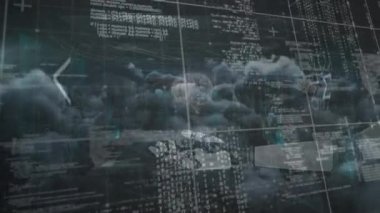 İnsan beyni, veri işleme ve kara bulutlara karşı robotik kolun üzerinde dönüyor. Gelecekçi teknoloji konsepti