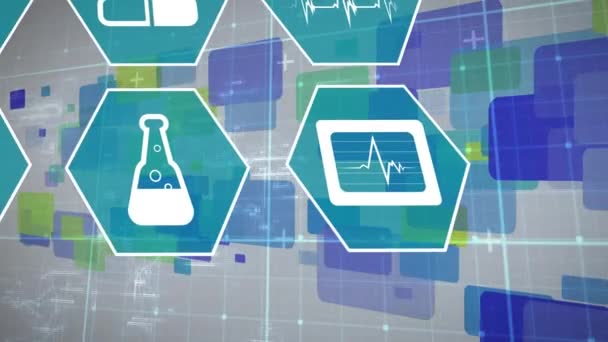 長方形と灰色の背景に六角形の科学的アイコンのアニメーション 技術の概念デジタルで生成されたビデオ — ストック動画