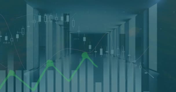 日没とサーバーの風景の上の財務グラフのアニメーション 世界の金融 都市生活の概念デジタルで生成されたビデオ — ストック動画