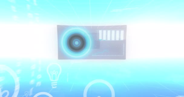 Animation Bulb Floating Data Processing Screens Moving Light Blue Background — Stock Video