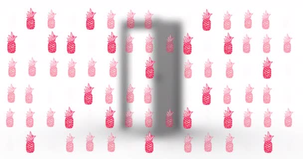 Animation Von Fallenden Rosa Ananas Über Offener Tür Muster Farbe — Stockvideo