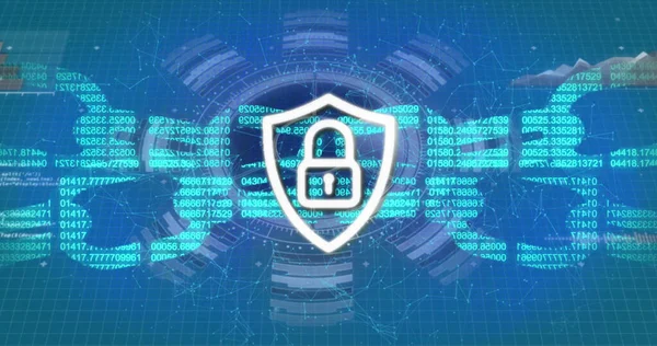 青い背景に南京錠付きの接続 ブロックチェーンとデジタルシールドのイメージ 世界的なインターネットセキュリティ 接続とデータ処理の概念デジタルで生成された画像 — ストック写真