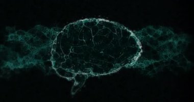 Beynin dalgalarla siyah zemin üzerinde döndüğü animasyon. Bilim, biyoloji ve matematik konsepti dijital olarak oluşturulmuş video.