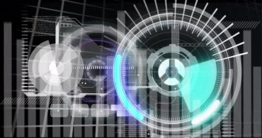 Siyah arkaplan üzerinde çember ve veri işleme animasyonu. Dijital olarak oluşturulan küresel veri işleme, finans ve teknoloji konsepti.