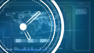 Veri işleme üzerinden hareket eden saatin animasyonu. Küresel iş, bilgisayar ve dijital arayüz kavramı dijital olarak oluşturulmuş video.