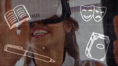 VR kulaklık takan Afrikalı Amerikalı kadınlara karşı okul konsepti ve matematiksel denklemler. Teknoloji konsepti