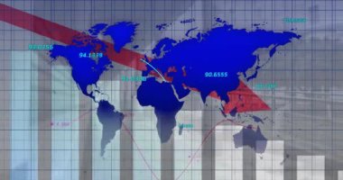 Finansal grafiklerin animasyonu, dünya haritası ve gri üzerine ok kontrol edildi. Küresel finans, ağ ve teknoloji konsepti dijital olarak oluşturulmuş video.