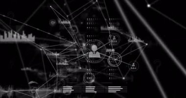 Siyah arkaplanda bağlantı ağı ve veri işleme ağı üzerine soru işareti simgelerinin canlandırılması. Küresel bağlantılar ve dijital arayüz konsepti dijital olarak oluşturuldu.