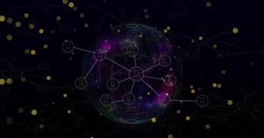 Bağlantılar üzerinde hareket eden noktaların animasyonu ve siyah arka planda dünya. Küresel veri işleme, ağ, bağlantılar ve dijital olarak oluşturulmuş video konsepti.
