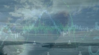 Manzara üzerinde finansal veri işleme animasyonu. Küresel iş, finans ve dijital arayüz kavramı dijital olarak oluşturulmuş video.