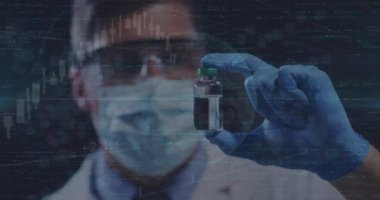 Kafkas erkek doktor üzerinde şişe ile veri işleme animasyonu. Küresel tıp ve dijital arayüz kavramı dijital olarak oluşturulmuş video.