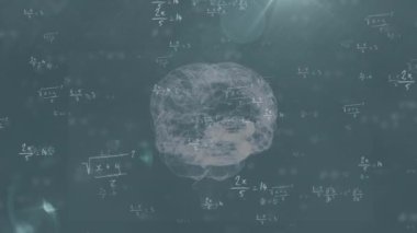 Gri arkaplanda dönen beyin ve matematik formüllerinin animasyonu. Bilim, insan biyolojisi, matematik ve teknoloji konsepti dijital olarak üretilen video.