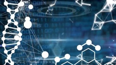 DNA iplikçiklerinin ve moleküllerin siyah arkaplandaki veri işleme üzerindeki animasyonu. Küresel teknoloji, bilgisayar ve dijital arayüz kavramı dijital olarak oluşturulmuş video.