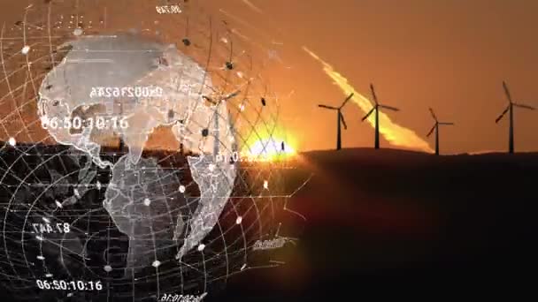 Animering Klotet Med Koordinater Över Vindkraftverk Och Moln Grön Energi — Stockvideo