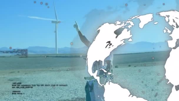 Animation Globe Data Processing Diverse Workers Wind Turbine Global Ecology — Vídeo de stock