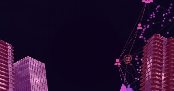 Animace Sítě Spojení Přes Městské Budovy Černé Pozadí Síť Připojení — Stock video