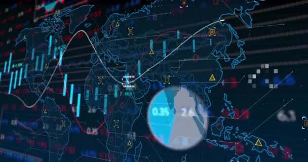Animacja Przetwarzania Danych Finansowych Mapie Świata Globalna Nauka Połączenia Przetwarzanie — Wideo stockowe