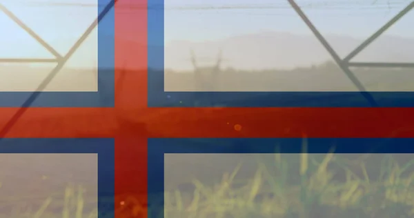 法罗群岛的旗帜在塔上的图像 乌克兰危机与数字生成的国际政治概念 — 图库照片