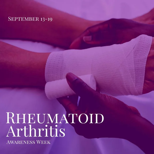 Multiracial doctor wrapping bandage to woman\'s leg and rheumatoid arthritis awareness week text. September 13-19, composite, midsection, disease, joints, autoimmune, healthcare, awareness, prevention.