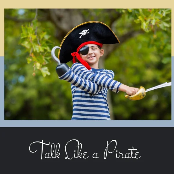 Digital Composite Portrait Cute Caucasian Boy Playing Pirate Park Talk — Stock Photo, Image