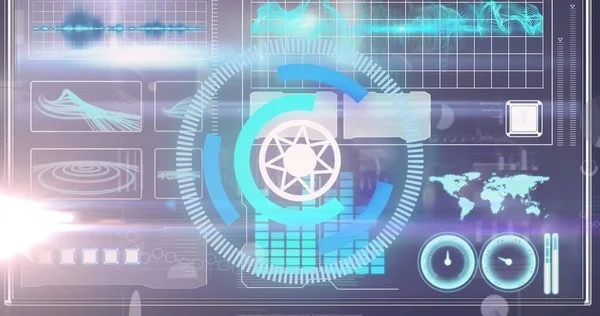 Image of processing circle moving over scientific graph and data. global science, connections and digital interface concept digitally generated image.