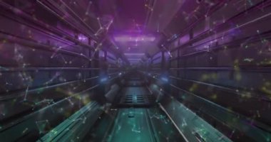 Parlak neon tüneldeki bağlantıların ağı kusursuz desende. Küresel ağ ve teknoloji kavramı