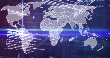 Dünya haritasının animasyonu, veri işleme ve menekşe arkaplanındaki ışıklar. Küresel finans, ekonomi, veri işleme ve teknoloji konsepti dijital olarak oluşturulmuş video.