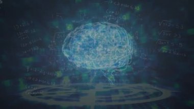 Donanma arka planında dönen beyin ve matematik formüllerinin animasyonu. Bilim, insan biyolojisi, matematik ve teknoloji konsepti dijital olarak üretilen video.