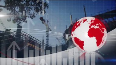 Dünya ve inşaat alanındaki finansal veri ve grafiklerin animasyonu. küresel finans, ekonomi, iş ve teknoloji kavramı dijital olarak oluşturulmuş video.
