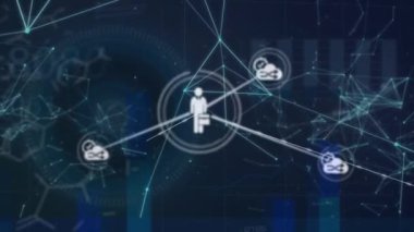 Siyah arkaplan üzerinde simgeler ve veri işleme ile bağlantı ağının animasyonu. Küresel bağlantılar ağları ve dijital arayüz konsepti dijital olarak oluşturulmuş video.