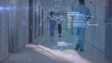 Çeşitli doktorların yürümesi üzerine veri işleme animasyonu. Küresel tıp ve dijital arayüz kavramı dijital olarak oluşturulmuş video.