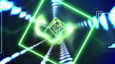 Karanlık arka planda ışıkların ve dijital portrelerin canlandırılması. Küresel bilim, bağlantılar, veri işleme ve dijital arayüz kavramı dijital olarak oluşturulmuş video.