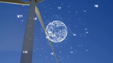 Rüzgâr türbini üzerinde hareket eden küre ve veri işleme animasyonu. küresel yeşil enerji, çevre, sürdürülebilirlik ve veri işleme kavramı dijital olarak oluşturulmuş video.