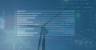 Rüzgar türbini üzerinde veri işleme animasyonu. Küresel ekoloji ve dijital arayüz kavramı dijital olarak oluşturulmuş video.