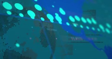 Yeşil arka plandaki dünya haritasında grafiklerin ve verilerin canlandırılması. Dijital olarak oluşturulmuş küresel ağ, iletişim, veri işleme ve teknoloji konsepti.