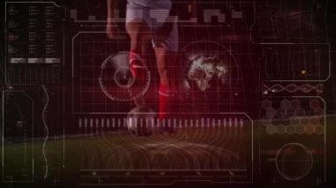 Kafkas erkek futbolcu üzerinde veri işleme animasyonu. Küresel spor ve dijital arayüz kavramı dijital olarak oluşturulmuş video.