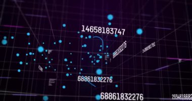 Siyah arka planda asma kilit olan veri işleme ve dijital kalkanın animasyonu. Veri işleme, dijital arayüz, veri güvenliği ve teknoloji konsepti dijital olarak oluşturulmuş video.