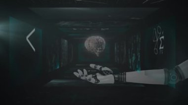 Siyah arka plan ve robot kol üzerinde dönen beyin ve matematik formüllerinin animasyonu. Bilim, insan biyolojisi, matematik ve teknoloji konsepti dijital olarak üretilen video.