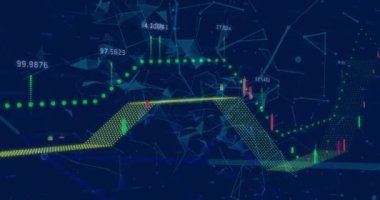 Finansal veri işlemenin dijital animasyonu ve mavi arka planla bağlantı ağı. Küresel finans ve ağ teknolojisi kavramı