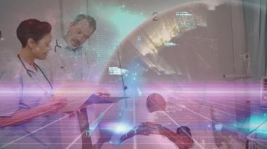 Data processing over caucasian male doctor and female health worker discussing reports at hospital. Medical healthcare and technology concept