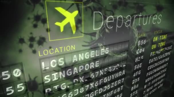 Airport Information Board Covid Cells Floating Green Background Covid Pandemic — Stockvideo