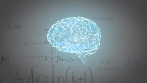 Animace Rotačního Mozku Matematických Vzorců Šedém Pozadí Věda Lidská Biologie — Stock video