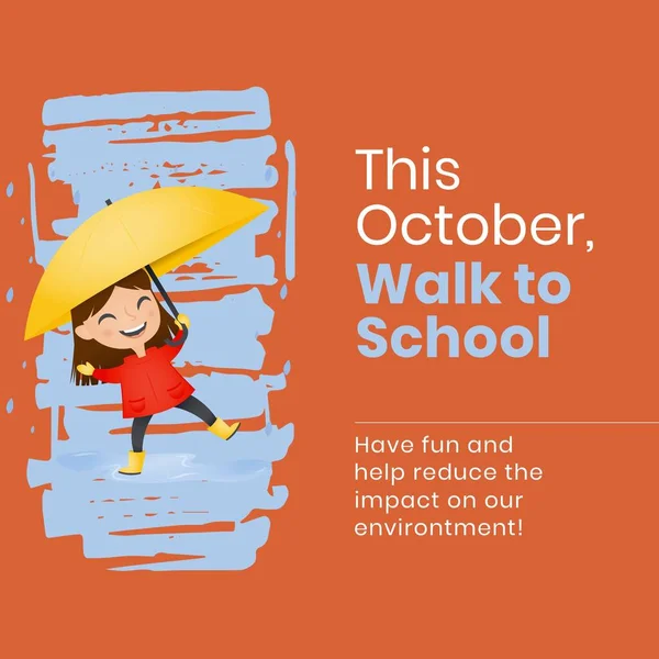 Girl with umbrella and this october walk to school, have fun and reduce impact on our environment. Text, illustration, copy space, rain, childhood, education, healthcare, fitness, active lifestyle.