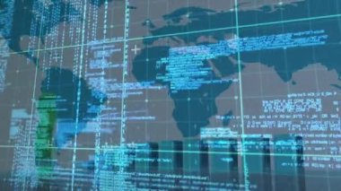 Finansal grafiklerin animasyonu ve mavi ve yeşil arka plandaki dünya haritası. Finans, ekonomi, iş, veri işleme ve teknoloji konsepti dijital olarak oluşturulmuş video.