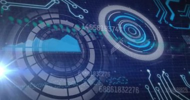 Donanma arkaplanındaki çember ve çeşitli verilerin animasyonu. Dijital olarak oluşturulan küresel veri işleme, finans ve teknoloji konsepti.