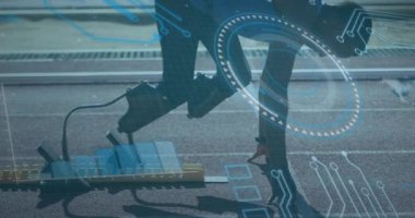 Afro-Amerikan erkeklerinin işleme çemberi ve dijital ekranının animasyonu. Engelli spor, aktif yaşam tarzı ve teknoloji konsepti dijital olarak oluşturulmuş video.