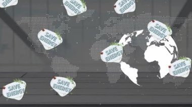 Küre animasyonu ve gri arkaplan üzerinde enerji metni kaydetmek. Küresel koruma ve yeşil farkındalık kavramı dijital olarak oluşturulmuş video.