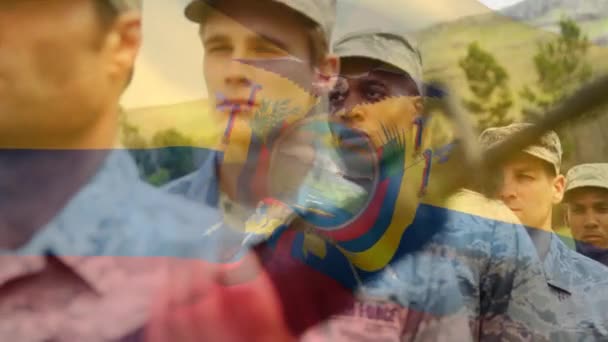Animação Bandeira Colômbia Sobre Diversos Soldados Sexo Masculino Bandeiras Nacionais — Vídeo de Stock