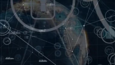 Siyah arkaplanda simgeler ve dünya ile bağlantı ağının animasyonu. global bağlantılar iş teknolojisi ve ağ konsepti dijital olarak oluşturulmuş video.