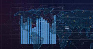 Finansal veri ve ızgara üzerinden veri işleme animasyonu. Küresel teknoloji veri işleme bağlantıları ve dijital arayüz konsepti dijital olarak oluşturulmuş video.